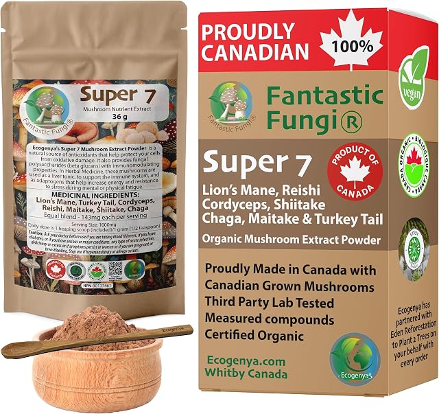 Super 7 mushroom extract powder - Fantastic Fungi® - Lion's Mane, Reishi, Turkey Tail, Cordyceps, Shiitake, Chaga and Maitake (36 Grams)