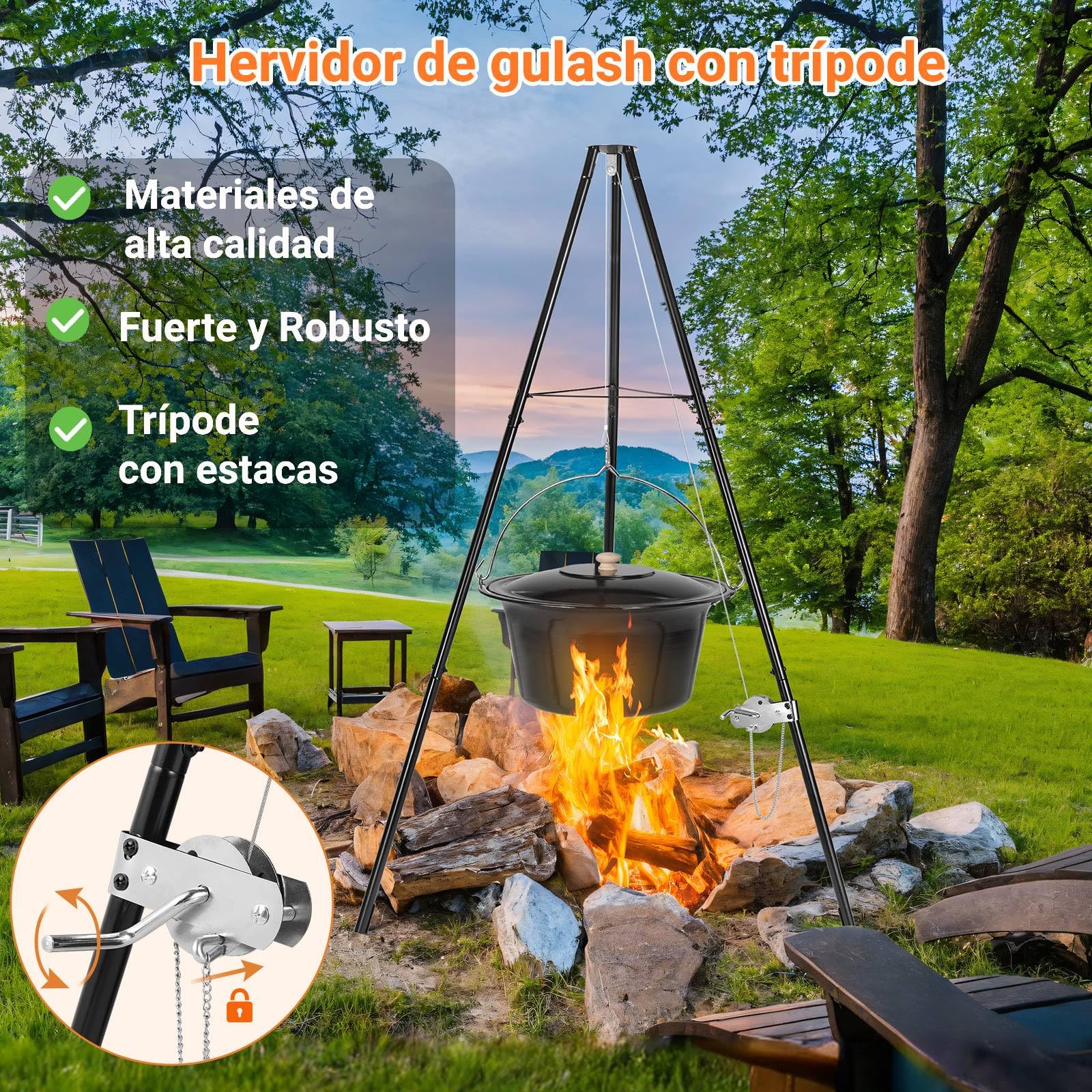 Hervidor para Goulash de 30L con Trípode y Cuchara, Hervidor para Gulash Original Húngaro, Olla para Gulash Esmaltada, con Cadena de Altura Ajustable, Juego de Olla para Gulash, para 25-30 Personas