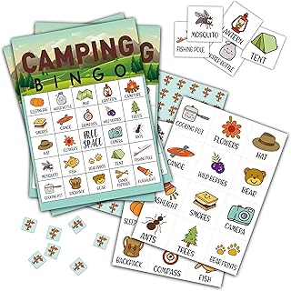 Camping Bingo Game, Watercolor Forest Themed Party Games with 24 Players, Hike Field Trip Supplies Activities, Nature Party Favors for Family Friends