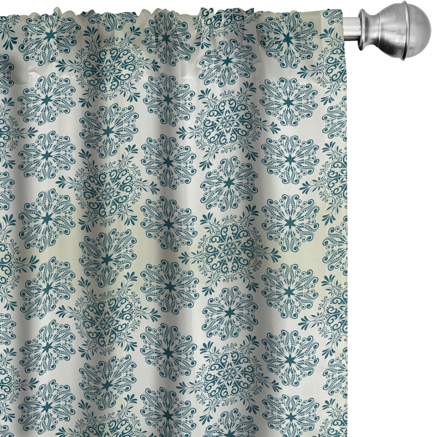 Ambesonne Winter Curtains, Mandala Style Floral Round with Damask Elements Retro Graphic Ornaments, Window Treatments 2 Panel Set for Living Room Bedroom, Pair of - 28" x 95", Teal Cream