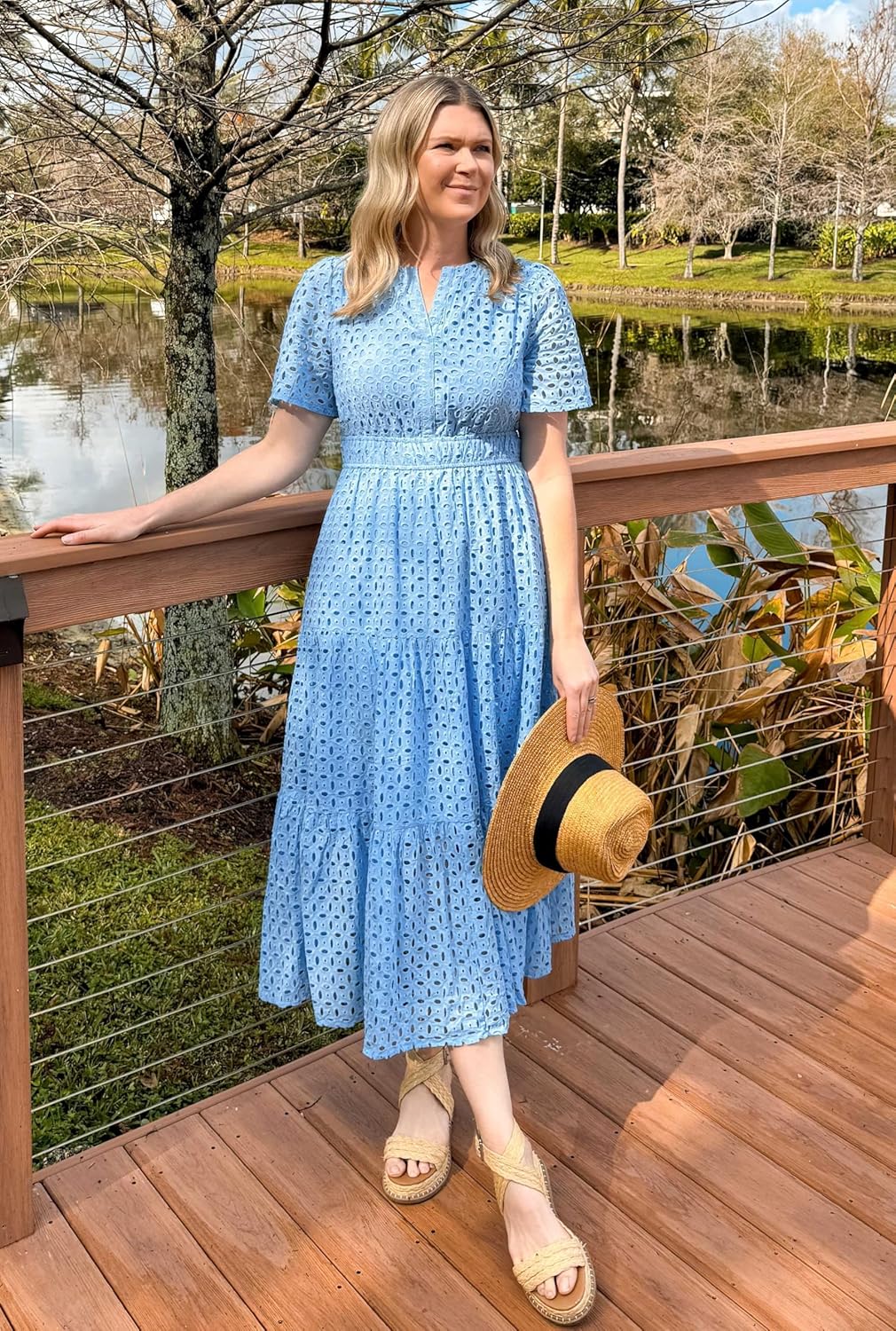 ZESICA Women's 2026 Summer Short Sleeve Maxi Dress Casual V Neck Hollow Out Eyelet Ruffle Swing A Line Long Dresses - Image 7