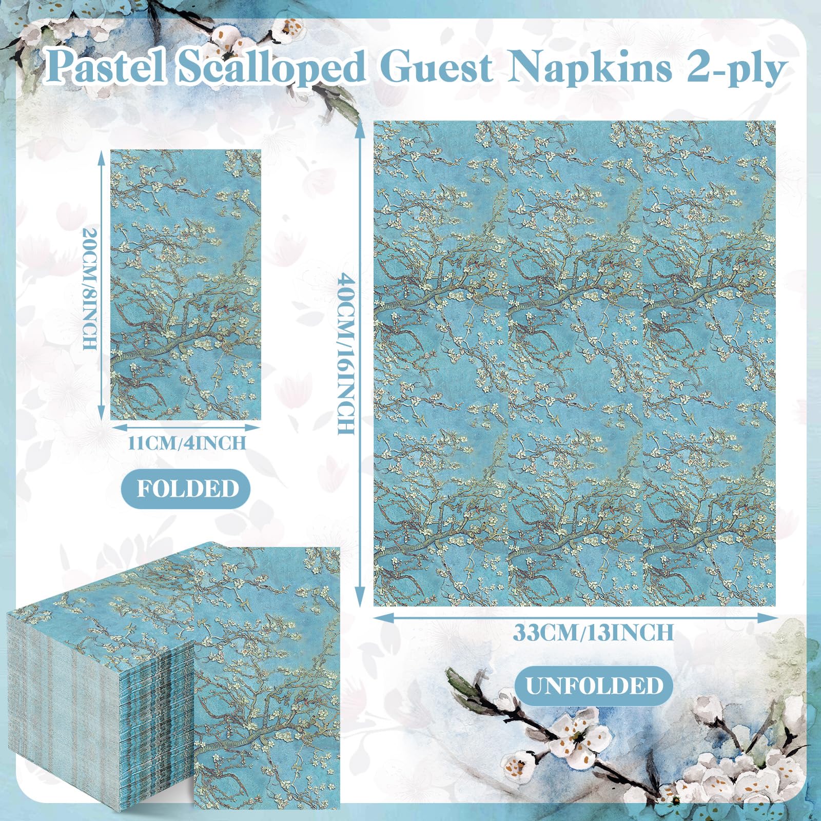 Spiareal 200 servilletas de papel azul con flores de cerezo para invitados, toallas de mano para baño, toallas de papel azules, servilletas decorativas para cena, servilletas de papel desechables para