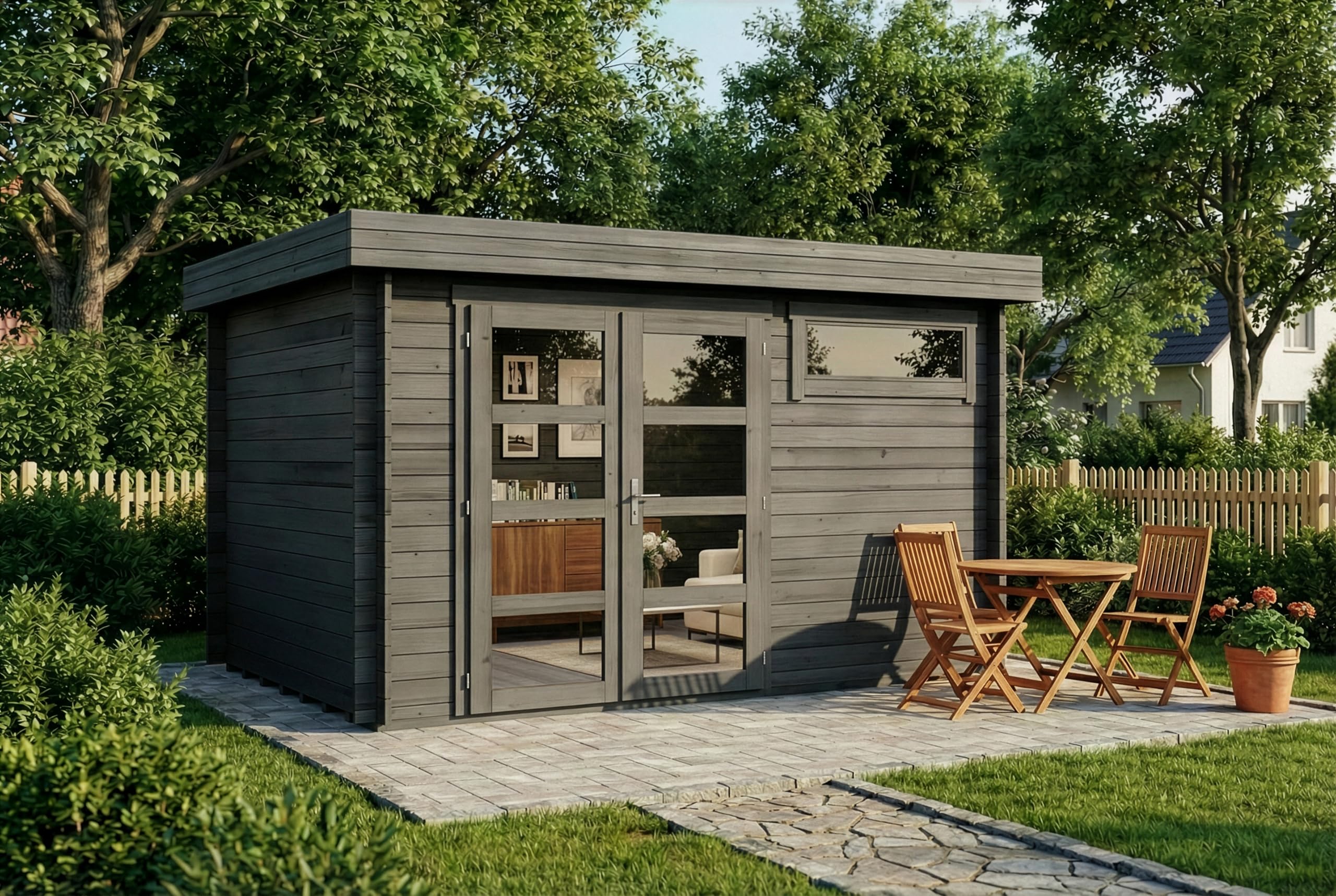 Alpholz Gartenhaus Leandro mit Fußboden aus Holz, Gerätehaus 394x268cm mit 28 mm Wandstärke in Imprägnierung Grau