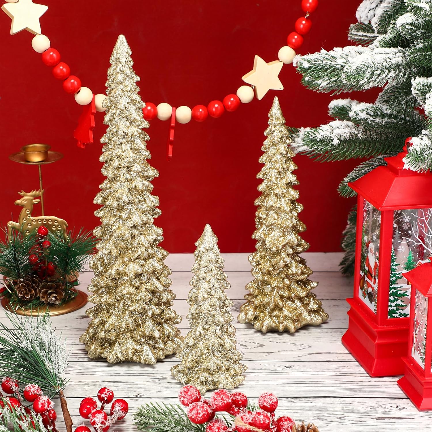 Pangda 6 Pcs Christmas Tree Figurines 11''/ 8.6''/ 7'' Champagne Gold Glittered Christmas Tree Resin Stone Xmas Holiday Figurines Xmas Desk Decor Centerpieces for Tabletop Decoration(Champagne Gold)