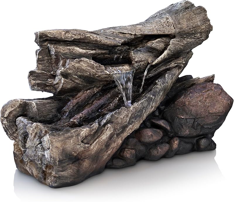 24" Tall Outdoor 2-Tier Fallen Tree Trunk Water Fountain with LED Lights, Rustic Cascading Design for Garden, Patio & Yard Decor, Beige