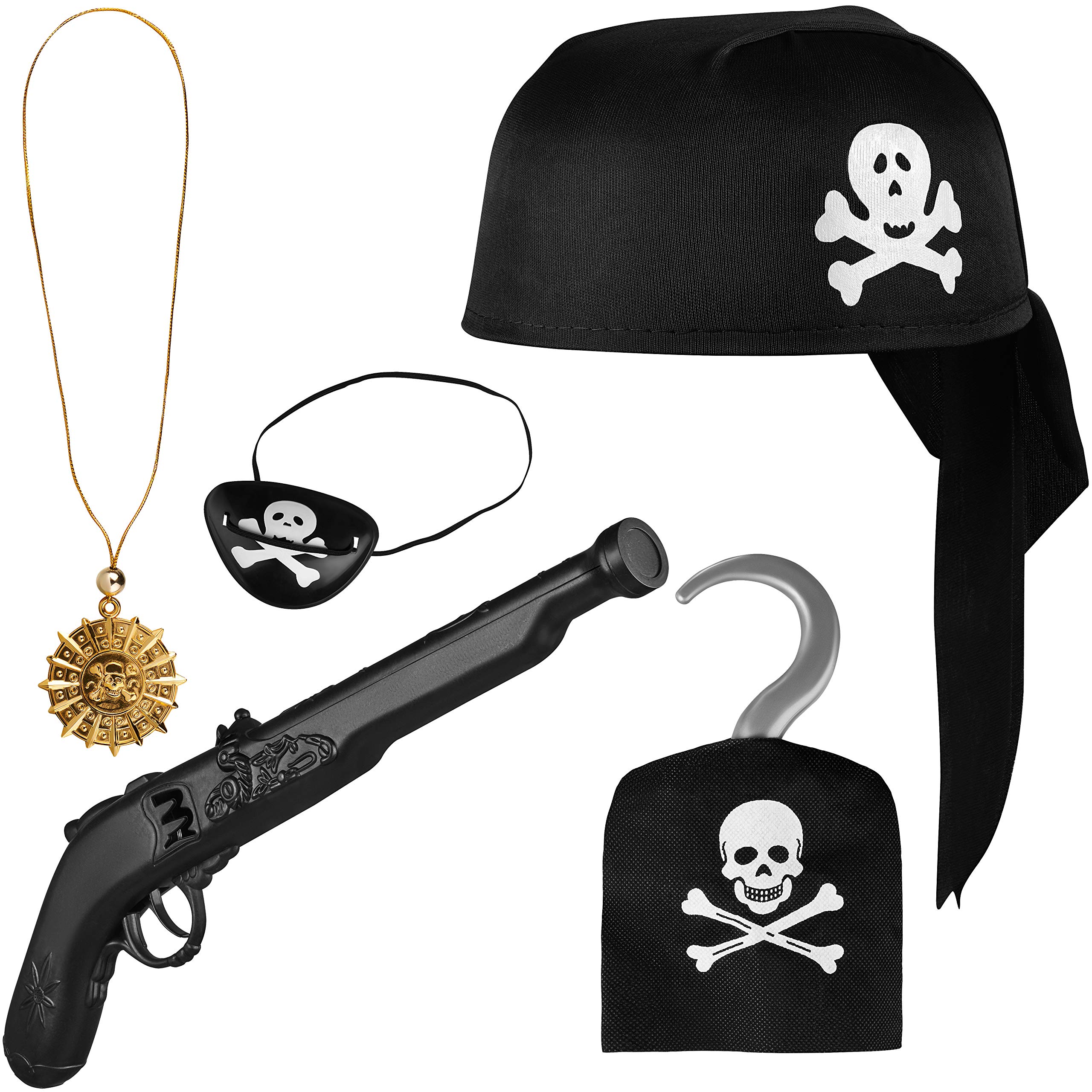 Balinco Pirate set 5-piece for children consisting of Black pirate hat + Pistol + Eye patch + Golden chain with pendant + Pirate hook - Costume Set for Carnival/Carnival
