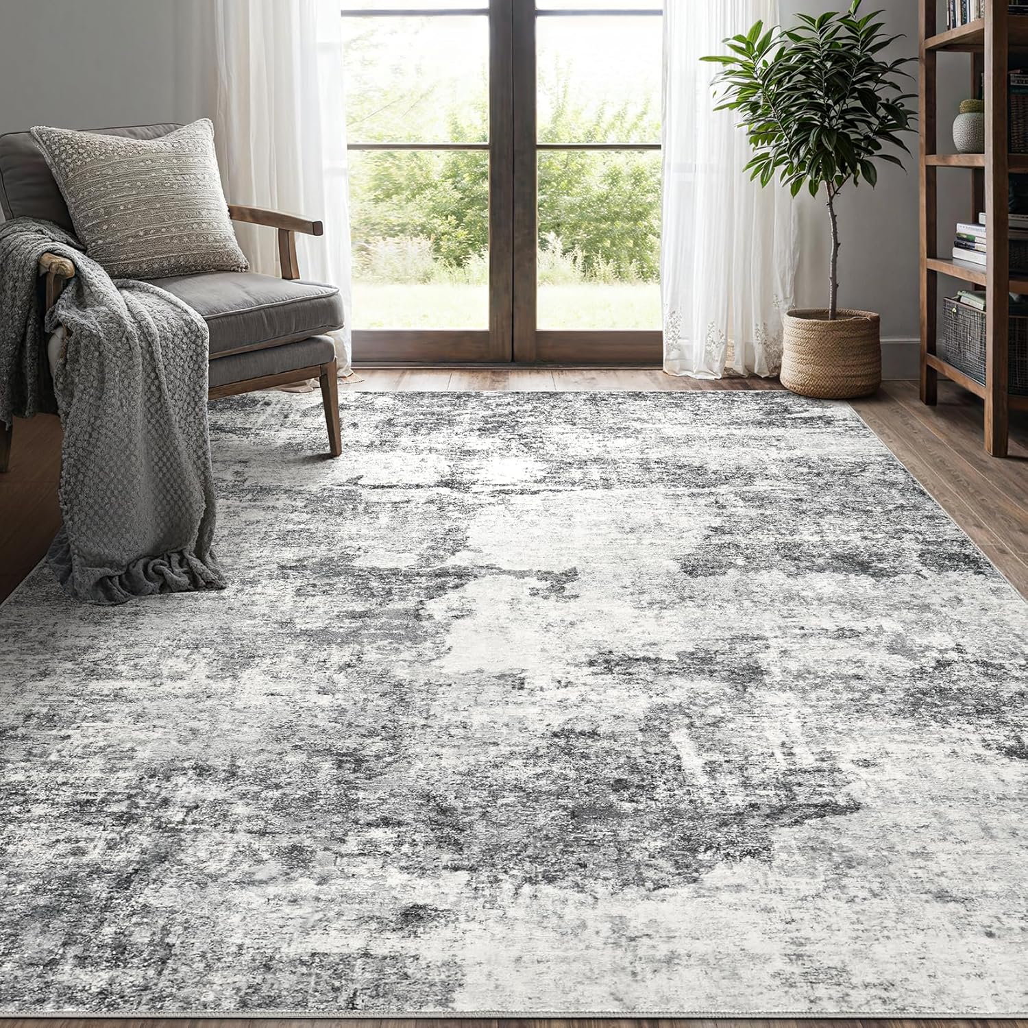 Living Room Area Rugs - 7x9 Abstract Large Soft Indoor Washable Rug Neutral Modern Low Pile Carpet for Bedroom Dining Room Farmhouse Home Office - Grey 7' x 9' Grey