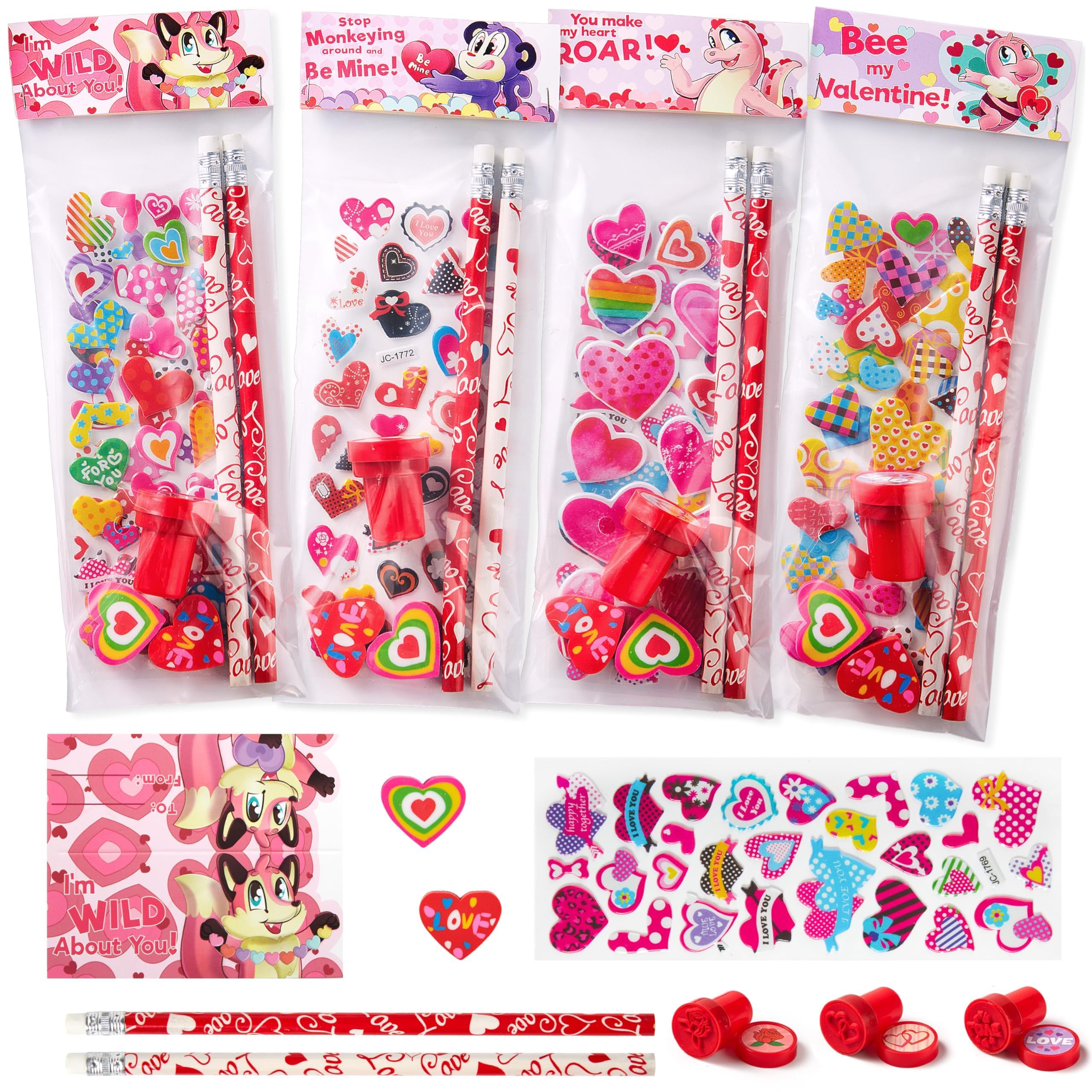 JOYIN 28 Packs/225pcs Valentines Day Stationery Kids Gift Set for School Classmates Exchange, Party Favor, Includes Pencils, Erasers, Stamper, Stickers