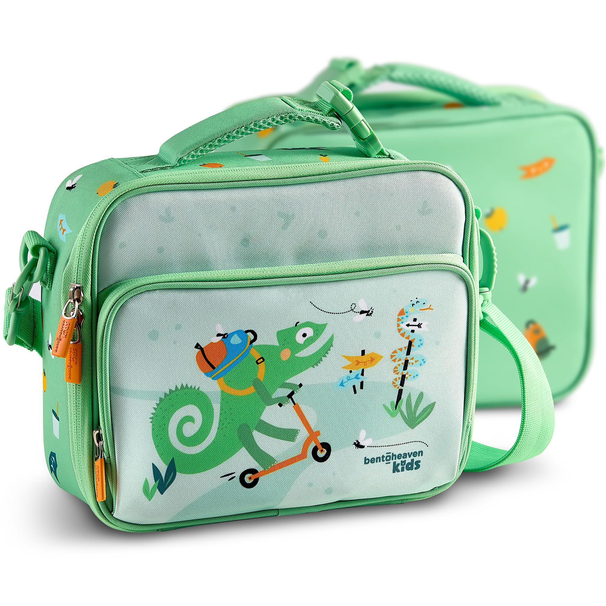 BentoheavenInsulated Lunch Bag for Kids, Girls & Boys - Large Size Fits Bento Lunch Box, Water Bottle & Snacks - Durable, Easy to Clean, Leakproof - Adjustable Shoulder Strap, Zipper Pockets (Green)