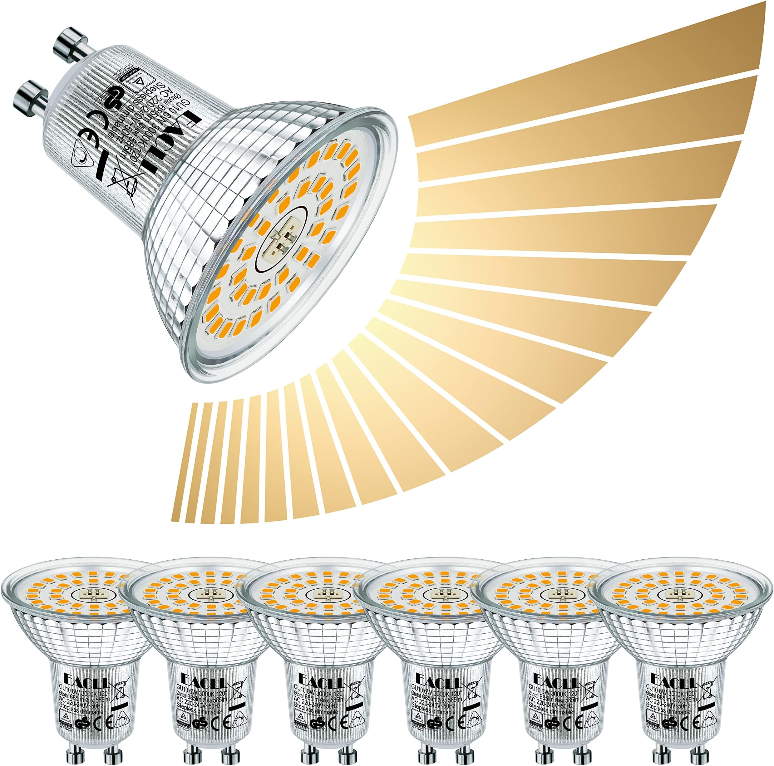 EACLL GU10 LED Bulbs Warm White Dimmable 6W 3000K Equivalent 80W Halogen, Pack of 6. 585 Lumen Energy Saving Light Source, Stepless Continuous Dimming Spotlight, Wide Beam 120° PAR16 Reflector Lamp [Energy Class F]