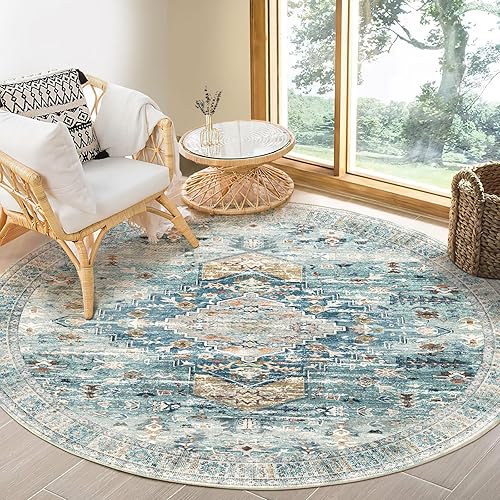 6ft Round Rug for Living Room Vintage 6ft Round Rugs Machine Washable Non Slip No Pile Carpet Bohemian Distressed for Living Room Bedroom Indoor Green