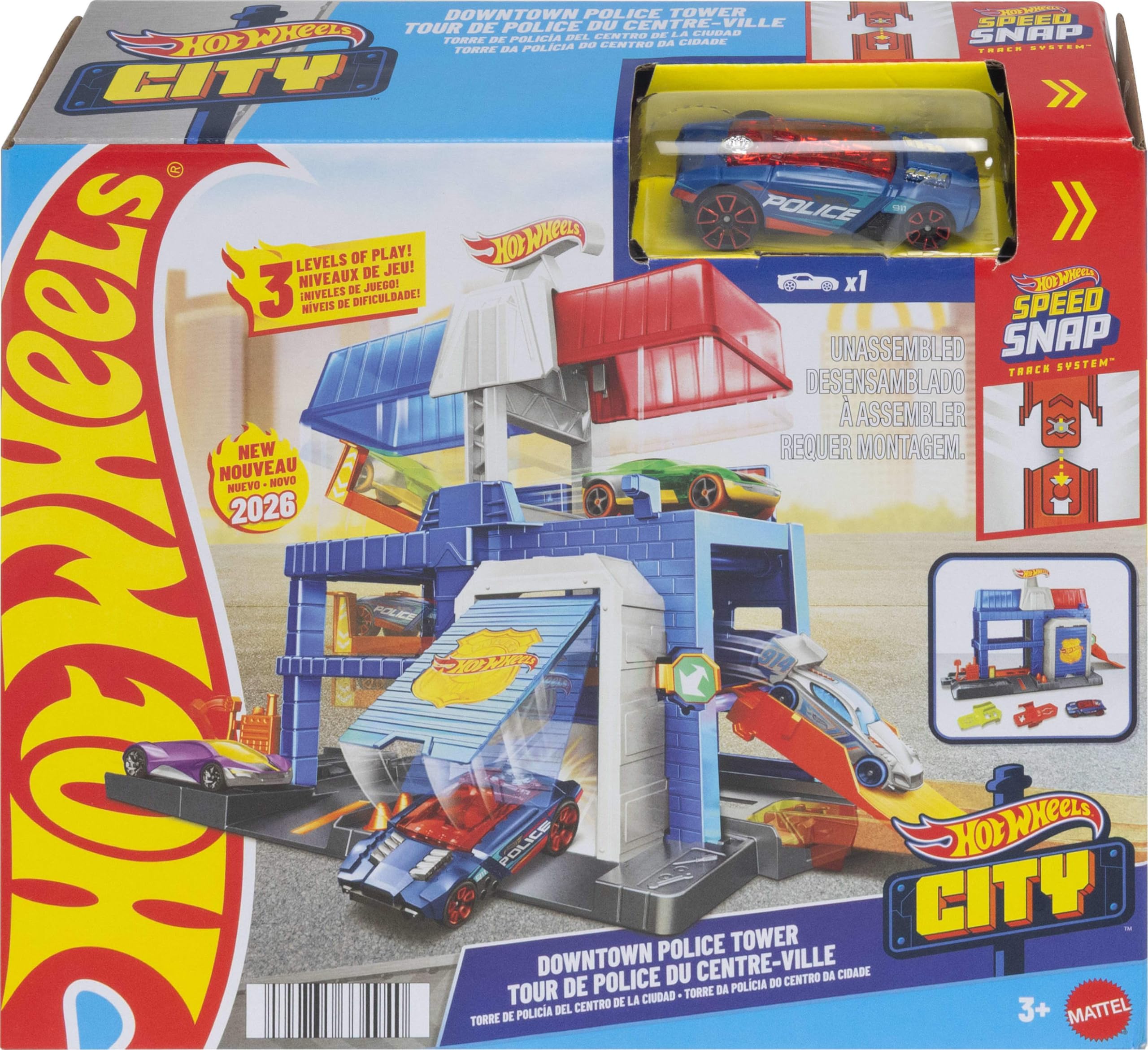 Hot Wheels City Komisariat policji Zestaw, trzy poziomy, metalowy radiowóz w skali 1:64, system torów Speed Snap Szybki klik, zabawka dla dzieci 3+, JHL74