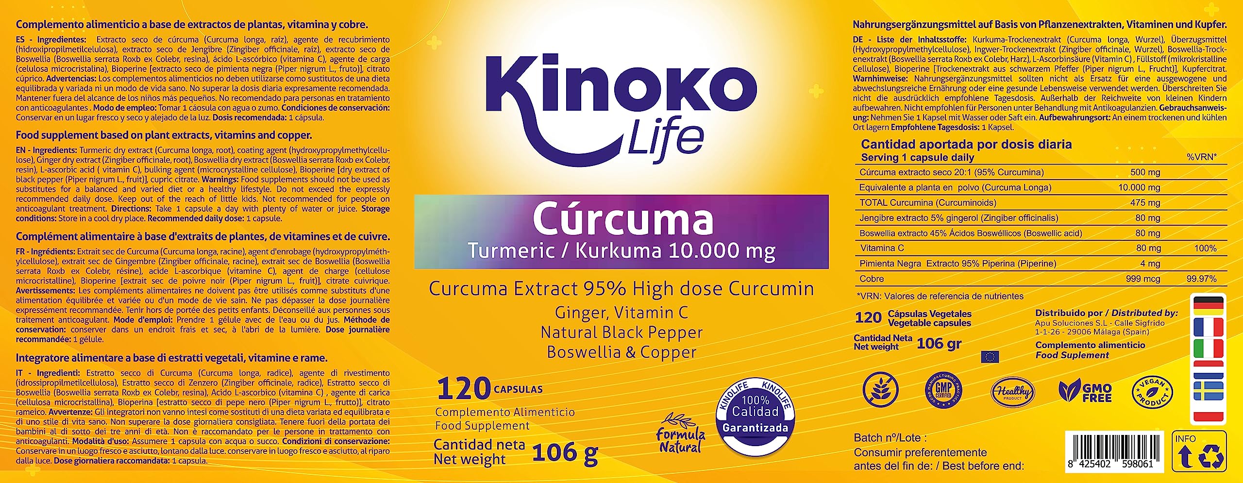 CURCUMA 10000 mg .120 gélules Curcumine pure 95% d'extrait .Gingembre, Poivre noir, Boswellia, Vitamine C et Cuivre | Hautement résorbable | Full Complex