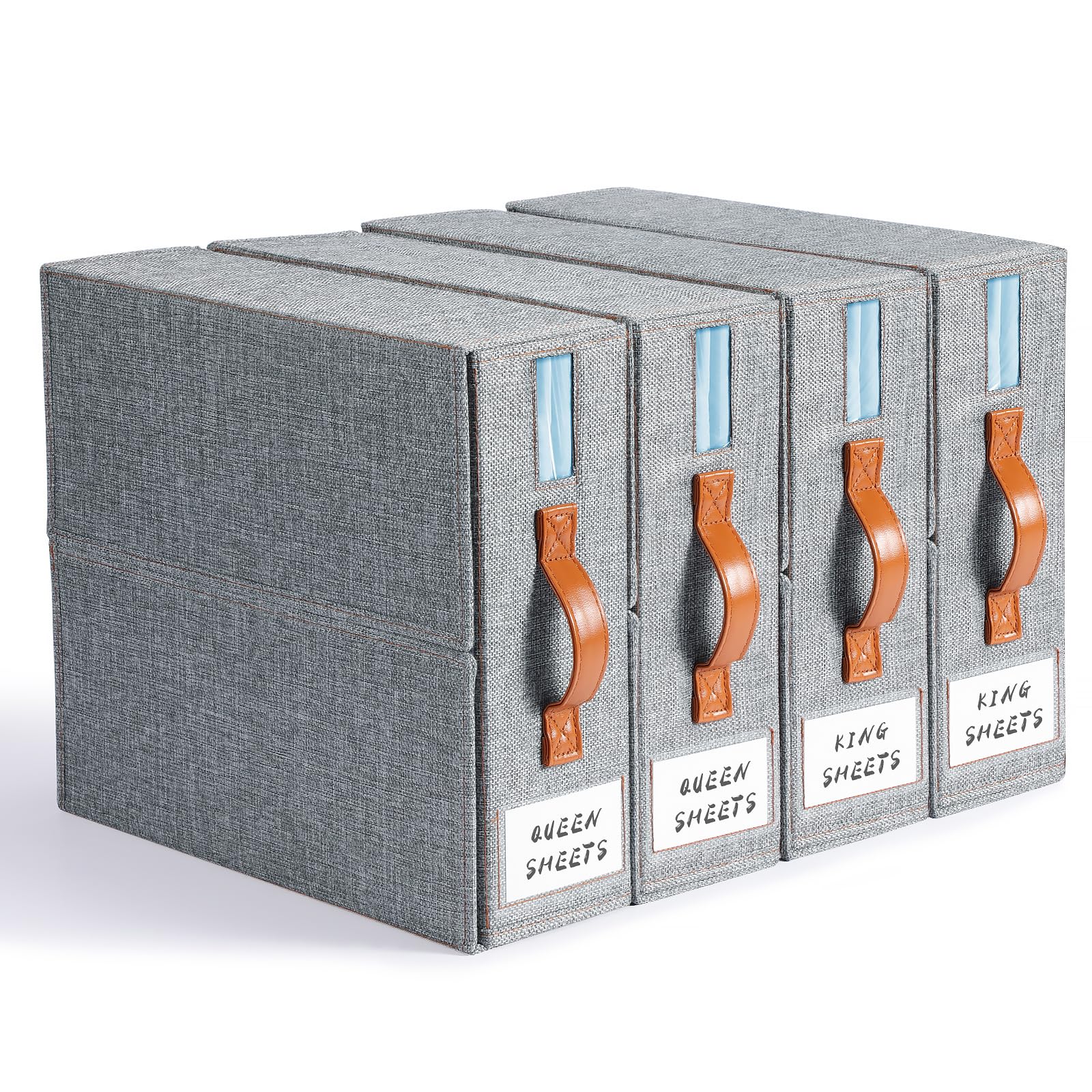 LAMU 4 Pack Bed Sheet Organizers and Storage, Foldable Sheet Organizer for Linen Closet, Sheets Set Folder Keeper with Window XL (Queen & King Size) Organizing Bedding Container, Grey