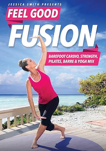 Jessica Smith Feel Good Fusion Cardio descalzo fuerza pilates barre y yoga mezcla DVD quema grasa esculpido tonificar bajo impacto ejercicio sin