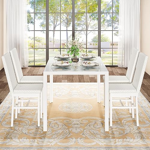 Miniatura 6 de Lamerge Juego de mesa de comedor de 5 piezas, mesa de cocina de cristal con 4 sillas de piel sintética, juego de 4 sillas de mesa de comedor, para