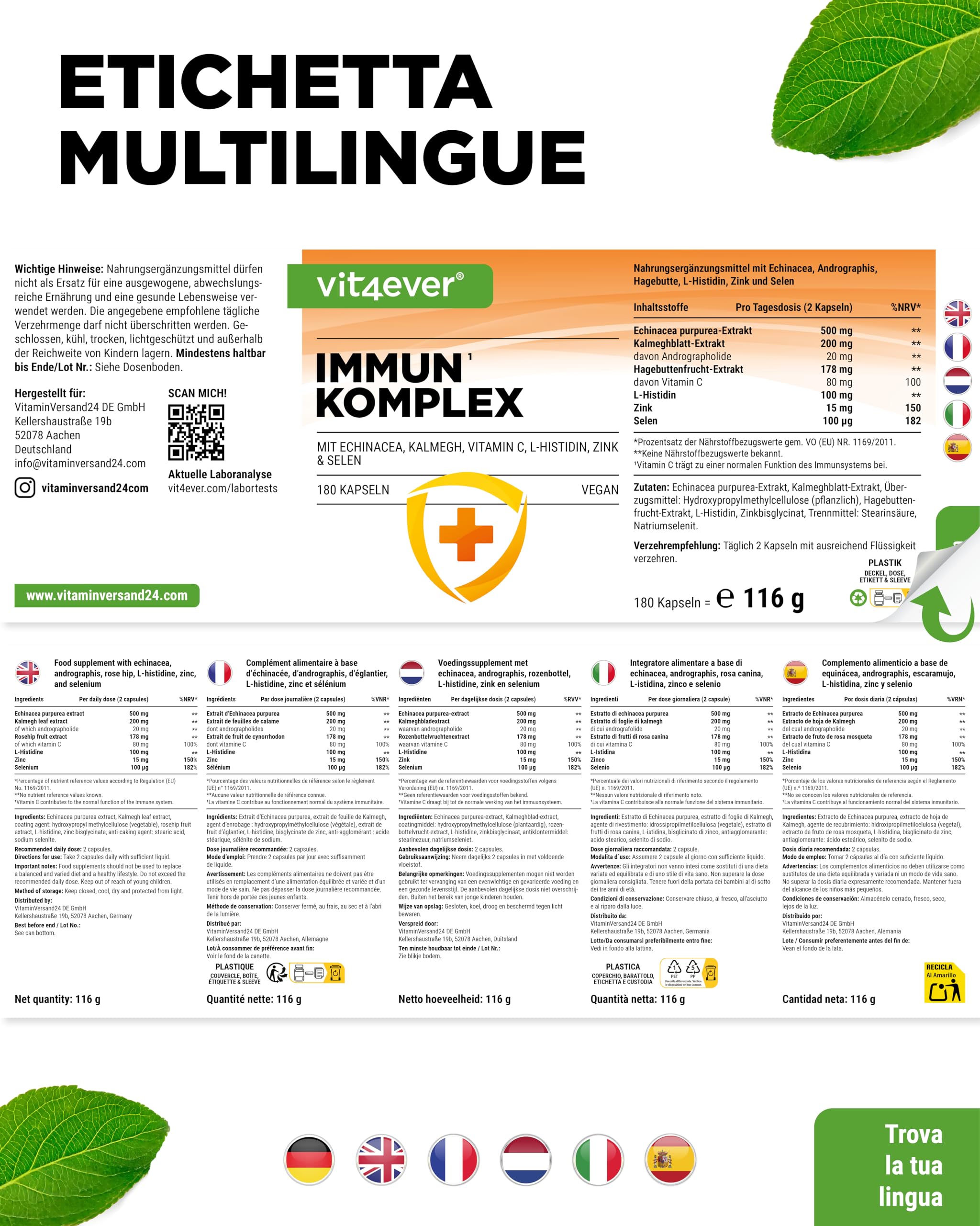 Sistema Immunitario Complex alto dosaggio - 180 Capsule per 90 giorni - 500 mg di Echinacea, Kalmegh, Rosa Canina, Vitamina C, L-Istidina, Zinco e Selenio - Vegano, senza additivi inutili