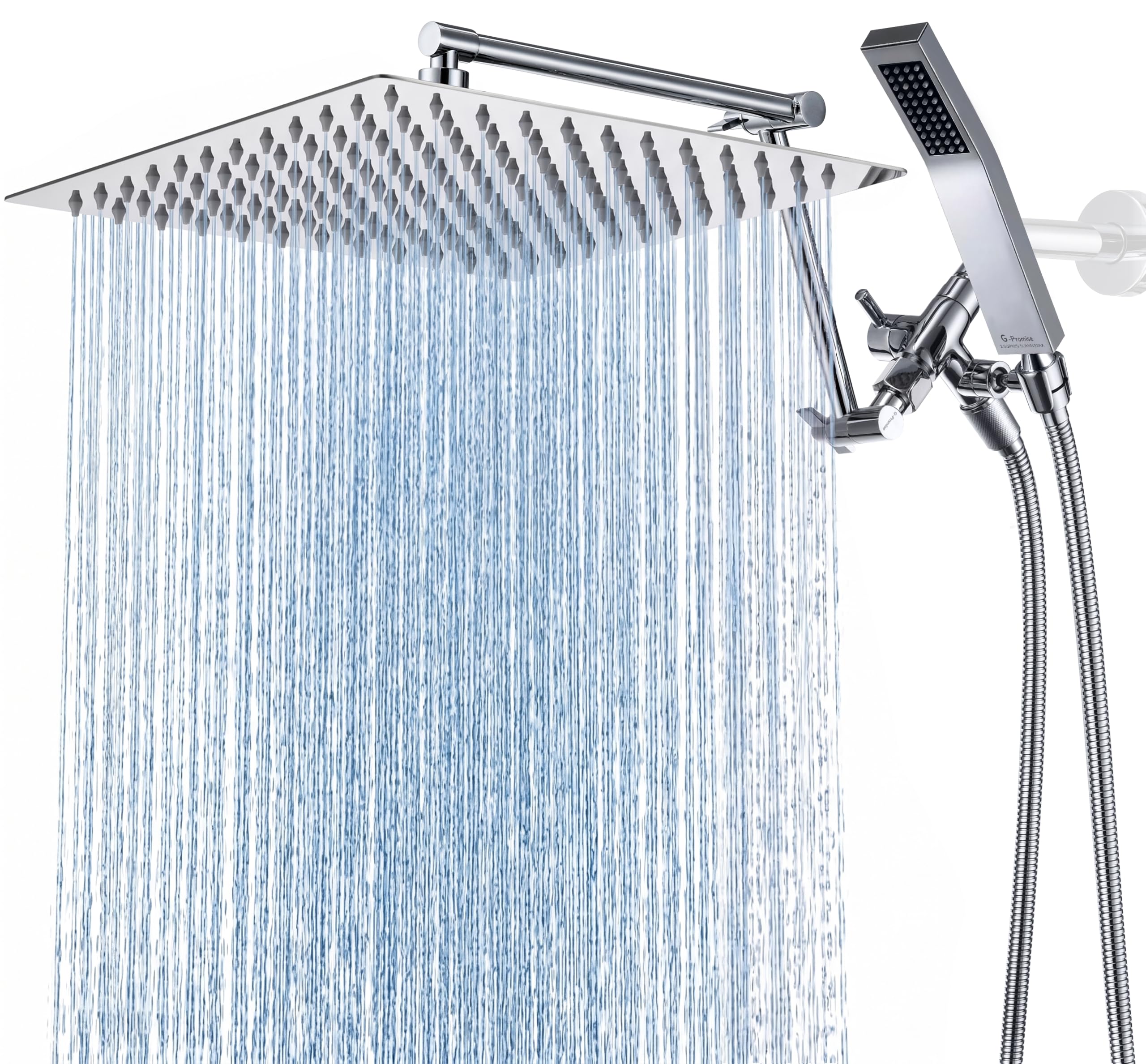 G-Promise All Metal 12 Inches Rainfall Shower Head with Handheld Spray Combo, 3 Settings Diverter, Adjustable Extension Arm with Lock Joints, 71 Inches Stainless Steel Hose (Chrome)
