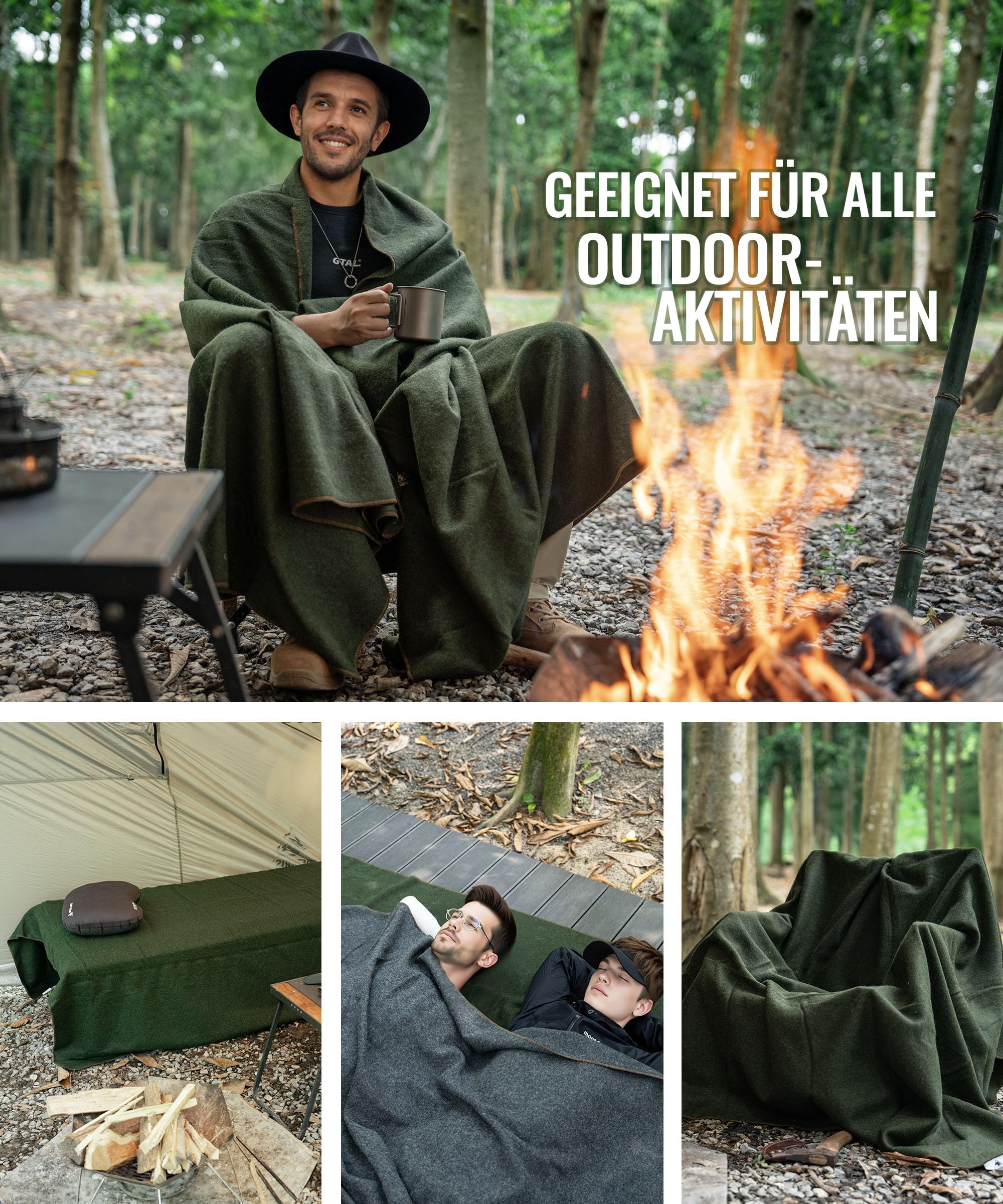 OneTigris Wolldecke (80% Wolle), Campingdecke, Stadiondecke, Wolle warm Decke Outdoor für Camping, Reisen und Auto