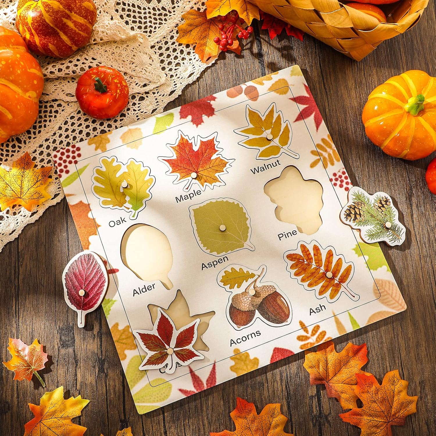 Leaf Wooden Jigsaw Puzzles Fall Leaf Puzzle with Knobs Educational Learning Stem Toys Thanksgiving Christmas Montessori Puzzle Preschool Educational (Leaves Style)