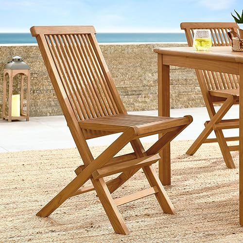 Miniatura 5 de Modway Vienna - Juego de 4 sillas plegables de madera de teca para patio al aire libre, sillas de comedor sin brazos resistentes a la intemperie,