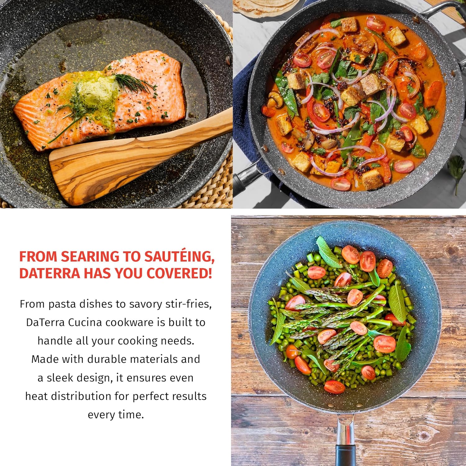 DaTerra Cucina Nonstick 3-Skillet Cookware Set – 9.5" & 13" Fry Pans, 11" Fry Pan with Glass Lid – Induction Compatible, Oven Safe, Nonstick, PTFE & PFOA Free, Ceramic Coating – Made in Italy, Black