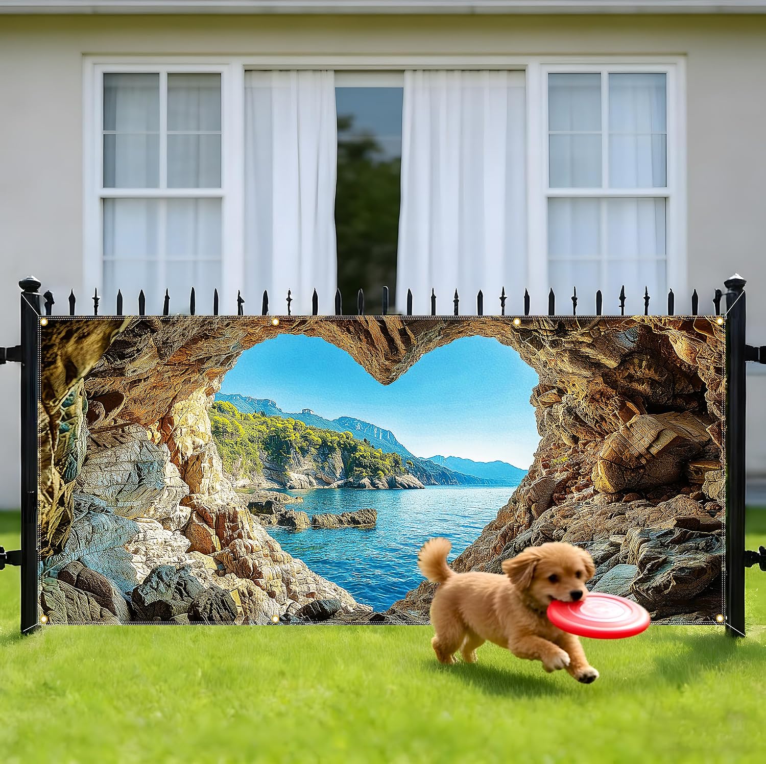 Large Garage Door Cover 157.5x70.9in Scenic Ocean Cave Garage Door Banner Outdoor House Exterior Decorations with Grommets and Rope for Driveway Decor