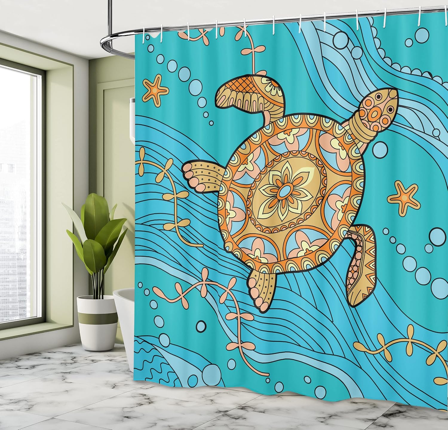 Ambesonne Turtle Shower Curtain, Doodle of Sea Turtle on Water Surface Maritime Inspirations Pattern Artwork, Cloth Fabric Bathroom Decor Set with Hooks, 69" W x 70" L, Turquoise