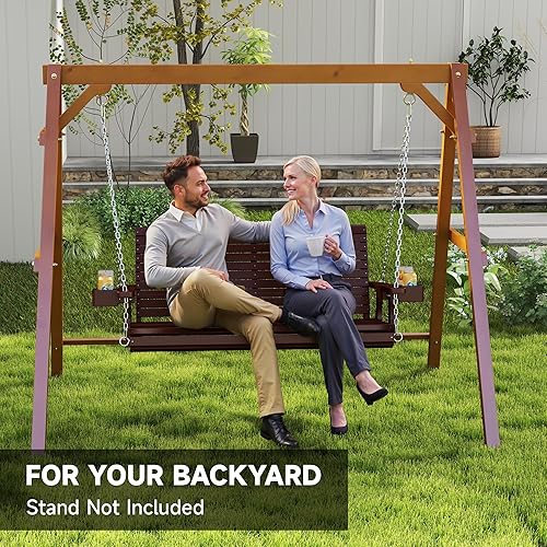 Miniatura 8 de Real Relax Columpio de porche delantero, banco de madera de 2 plazas para exteriores con portavasos, cadenas colgantes, 880 libras, asiento profundo