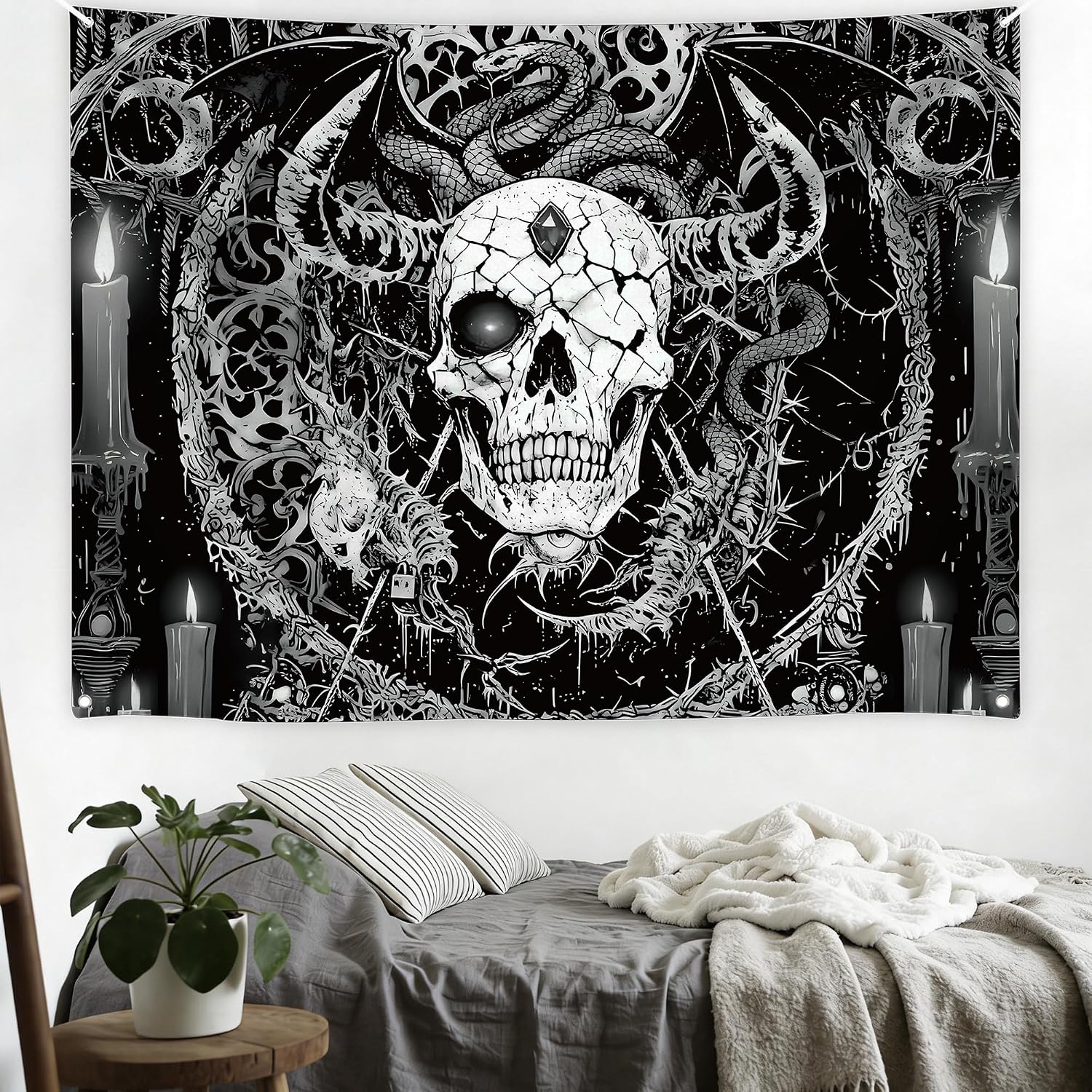 Kosydown Basic Gothic Horror Skull Tapestry, Skeleton Mystic Dark Tapestries for Bedroom Grunge Wall Hanging Black and White 80" L x 60" W