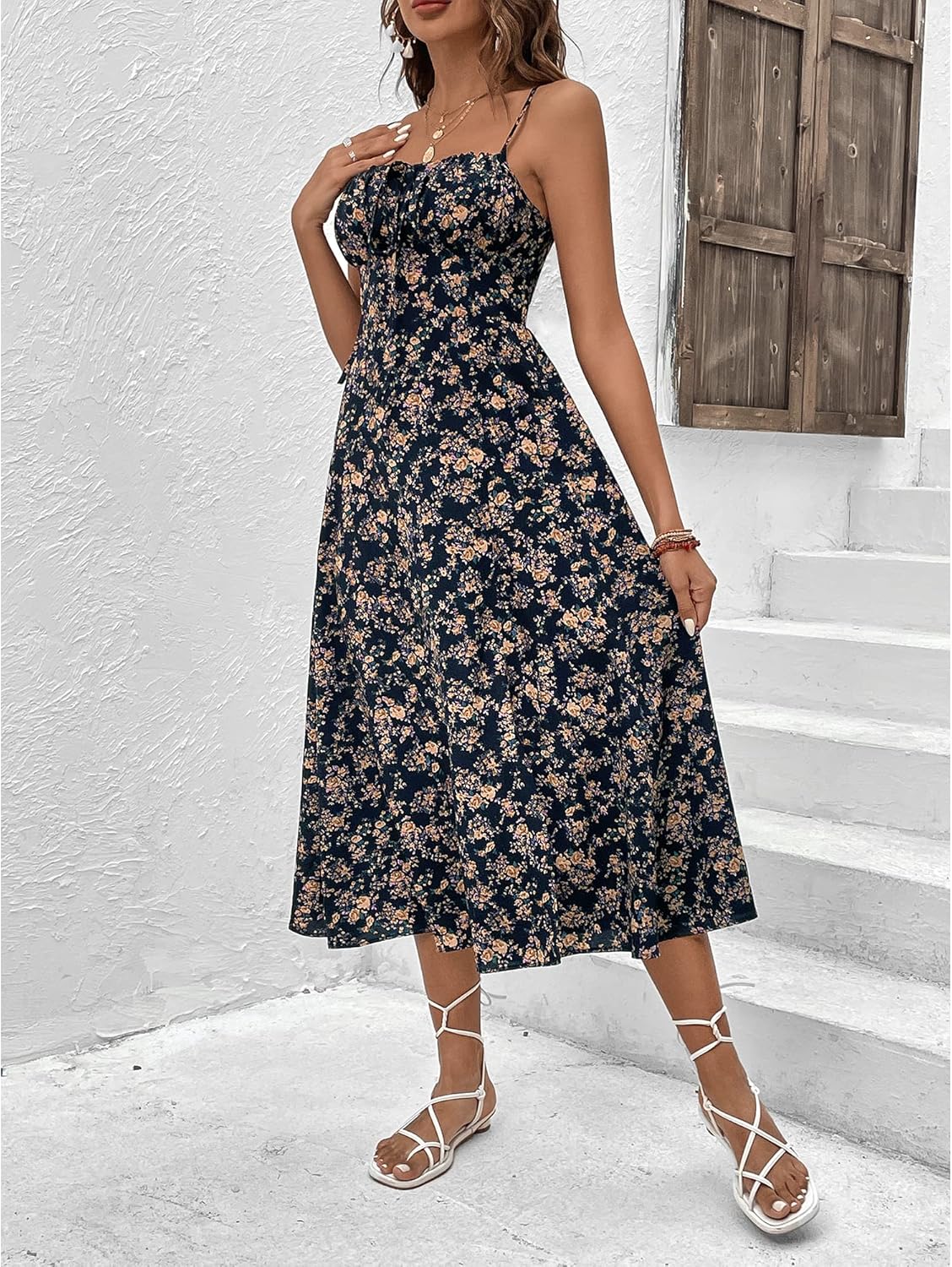 BROVAVE Women's 2025 Summer Dress Floral Print Spaghetti Strap Square Neck Tie Front Smocked Midi Dress Beach Sun Dress - Image 2