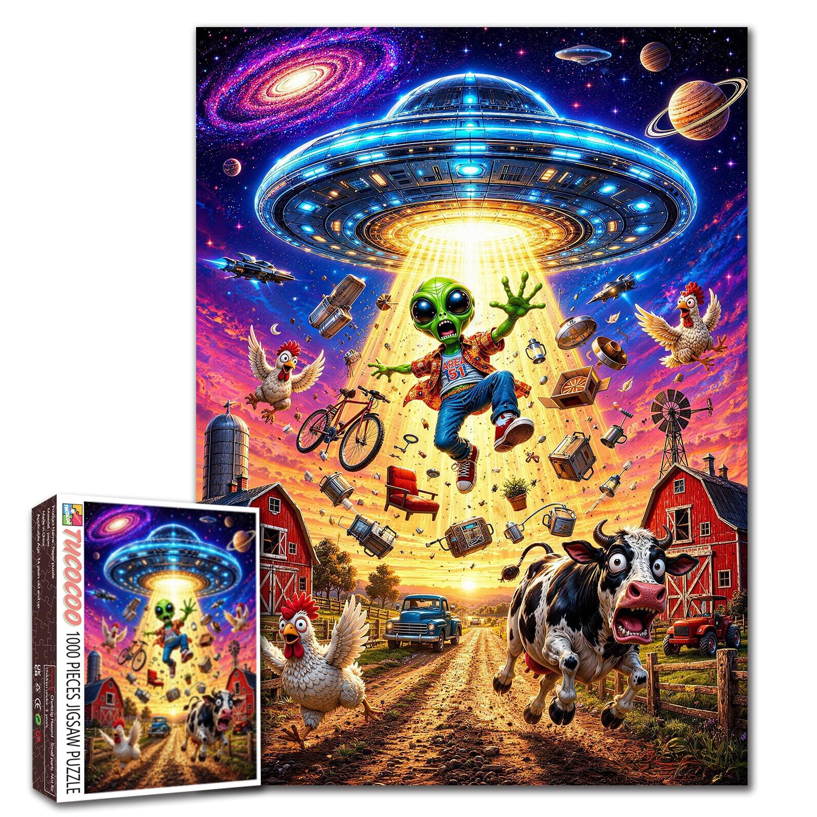 1000 Piece Jigsaw Puzzles for Adults Alien UFO Painting Jigsaw Puzzle Alien Spaceship 1000 Pieces Puzzles Flying Saucer DIY Craft Puzzle Funny American Farm Jigsaw Family challenging Game Night