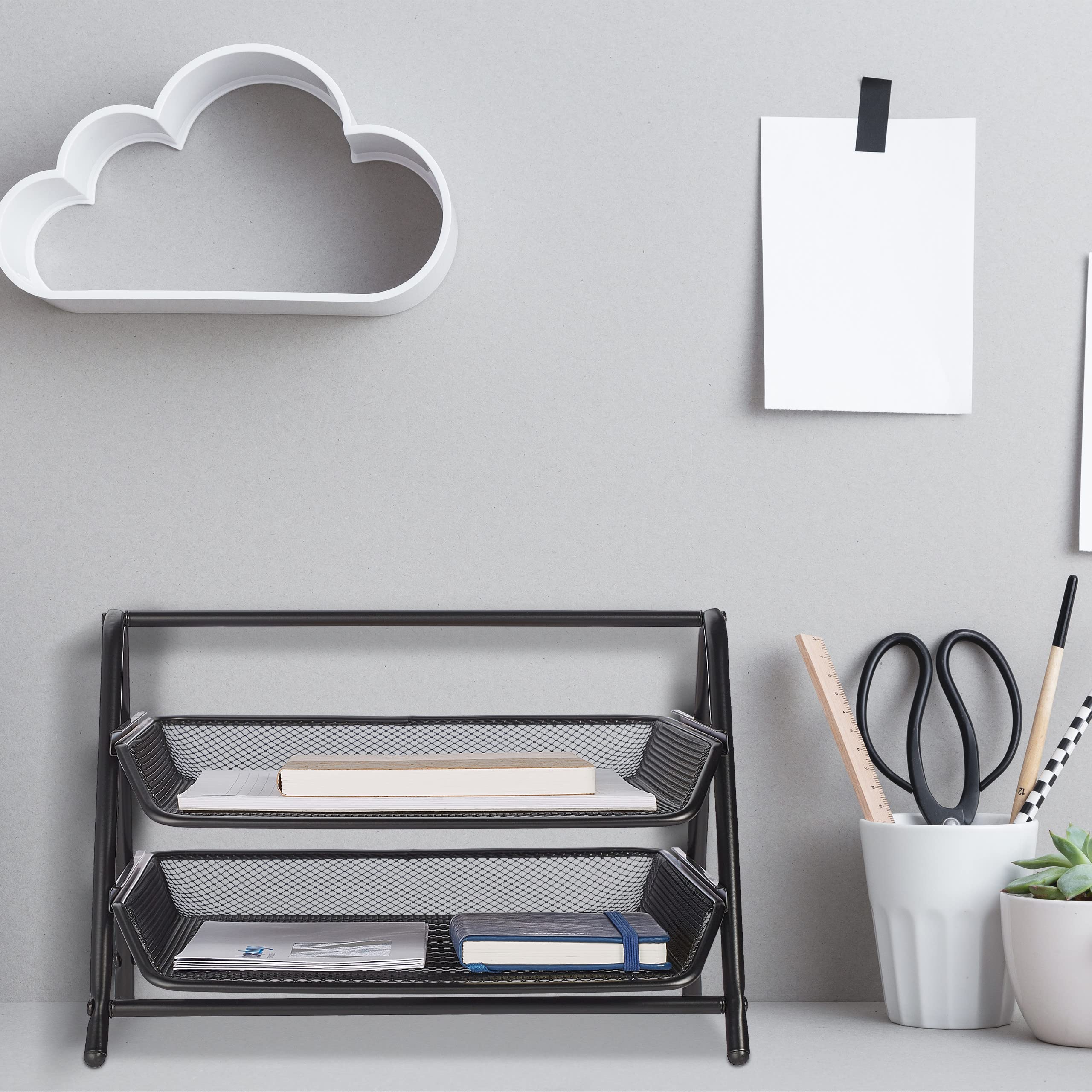 Relaxdays Organizer Portadocumenti con 2 Vaschette, Portalettere A4, HLP: 20,5x30x35,5 cm, Rete in Acciaio, Nero