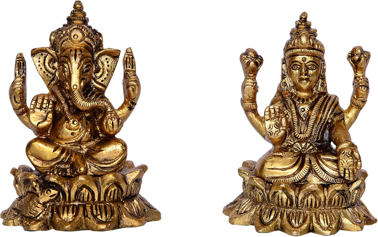 Purpledip Ganesha-Laxmi Statue Sculpted in Solid Brass Metal for Home Temple Office Table or Shop Puja Mandir Shelf