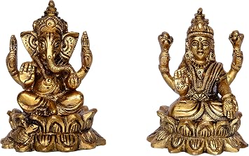 Purpledip Ganesha-Laxmi Statue Sculpted in Solid Brass Metal for Home Temple, Office Table or Shop Puja Mandir Shelf | Hindu Religious Gift 10392