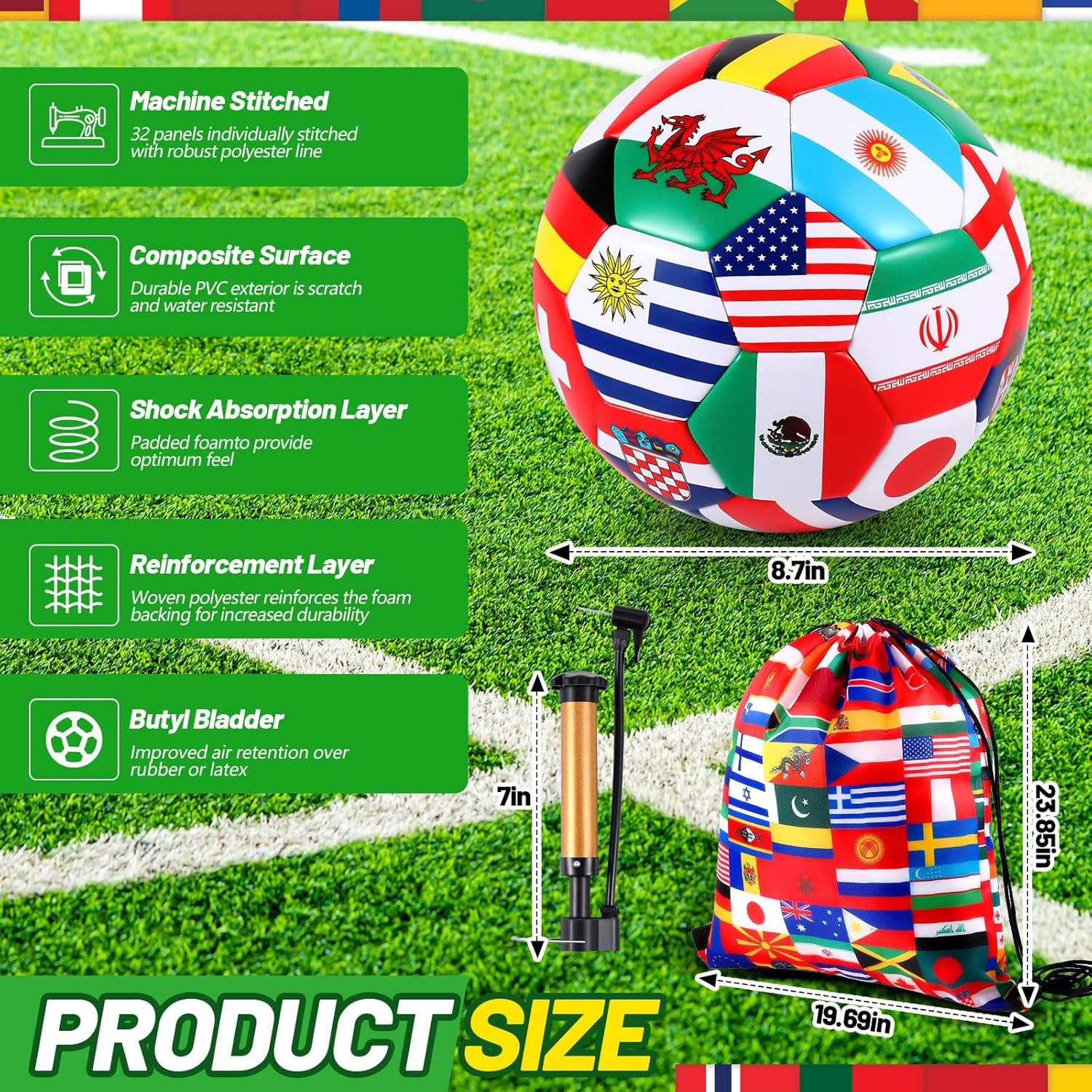 Realspring International World Flag Soccer Ball Size 5 Country Flag Party Favor Operation Christmas Soccer Balls with Pump and World Storage Bag for Sports Holiday Birthday Party Gifts - Image 2