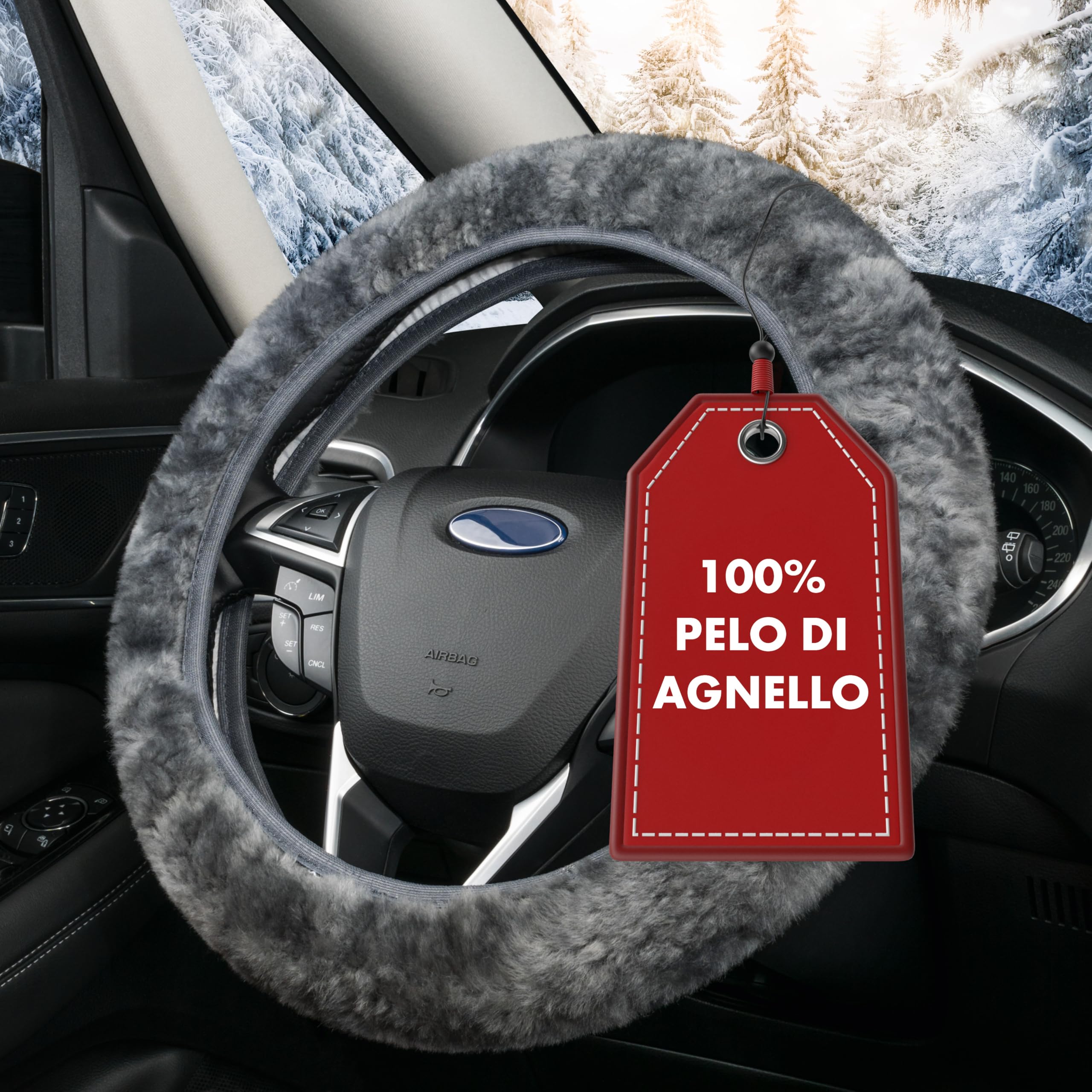 WALSER coprivolante in pelle d'agnello, coprivolante in pelle d'agnello 100%, rivestimento volante per auto, scalda volante grigio