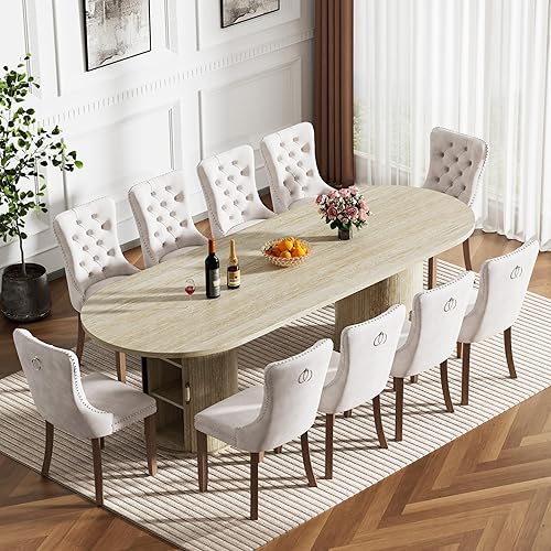 Moderno juego de mesa de comedor extensible de 11 piezas para 10, juego de mesa de cocina ovalada expandible con 10 sillas de terciopelo, mesas de