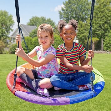 Sportspower 40" Super Fun Outdoor Saucer Swing for Kids with Adjustable Ropes, Hanging Straps & Carabiners Included, Rainbow Colored, 600D Oxford Cloth