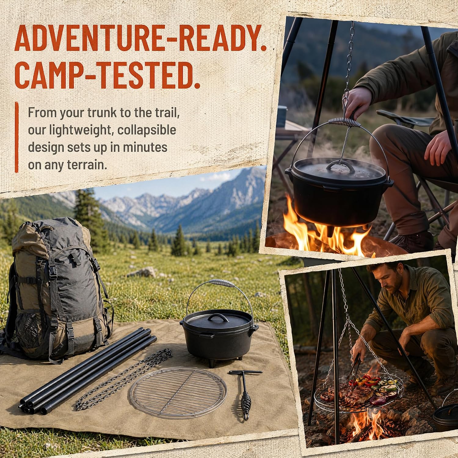 Campfire Tripod, Camping Dutch Oven with Lid and Lifter,Grill Grate | Adjustable Height Chain,4 Quart Cast Iron Dutch Oven,Campfire Cooking Equipment,for Outdoor Cooking and Barbecues