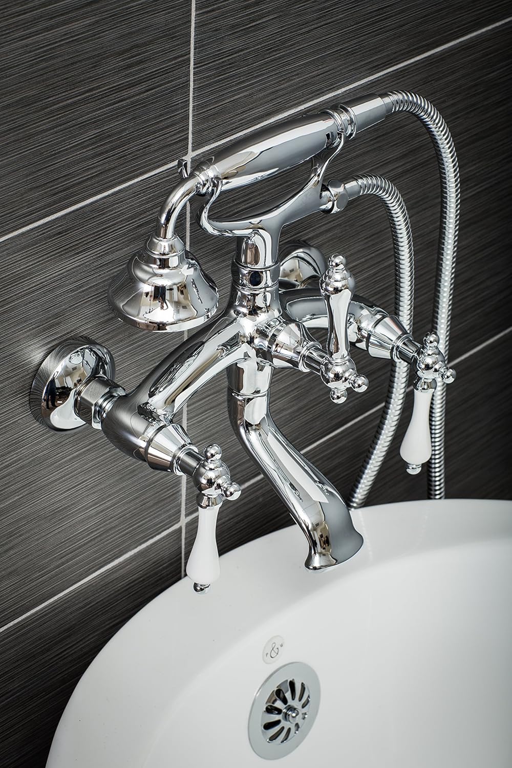 Flash Deals - 60% OFF Luxury Clawfoot Tub or Freestanding Tub Filler Faucet, Vintage Design with Telephone Style Hand Shower, Wall Mount Installation, Porcelain Handles, Polished Chrome Finish