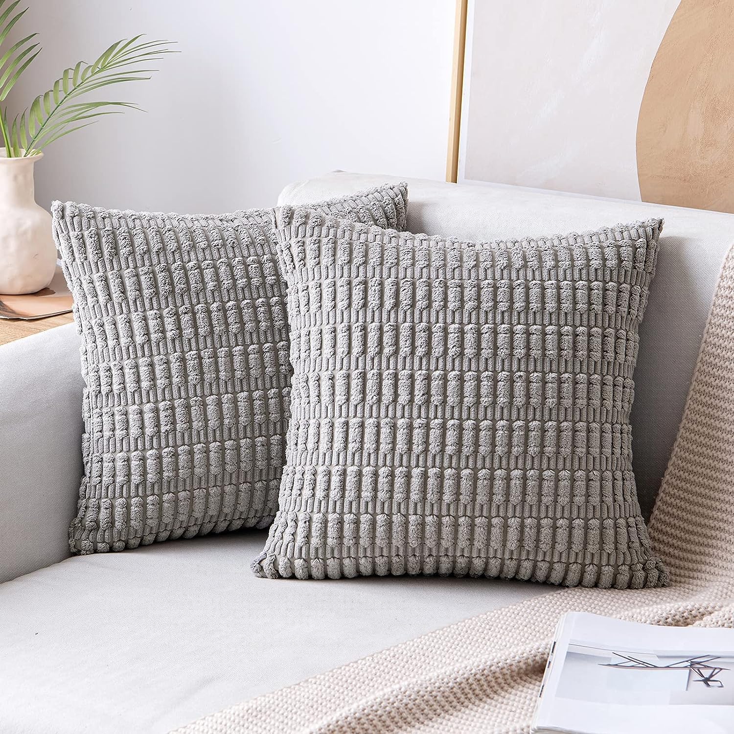 2 pack Decorative Throw Pillow Covers,for Living Room Couch Bed Sofa, Soft Striped Corduroy Square Cushion Case 45x45 cm, Rustic Farmhouse Boho Home Decor (light grey, 18 * 18 inch/45 * 45cm)
