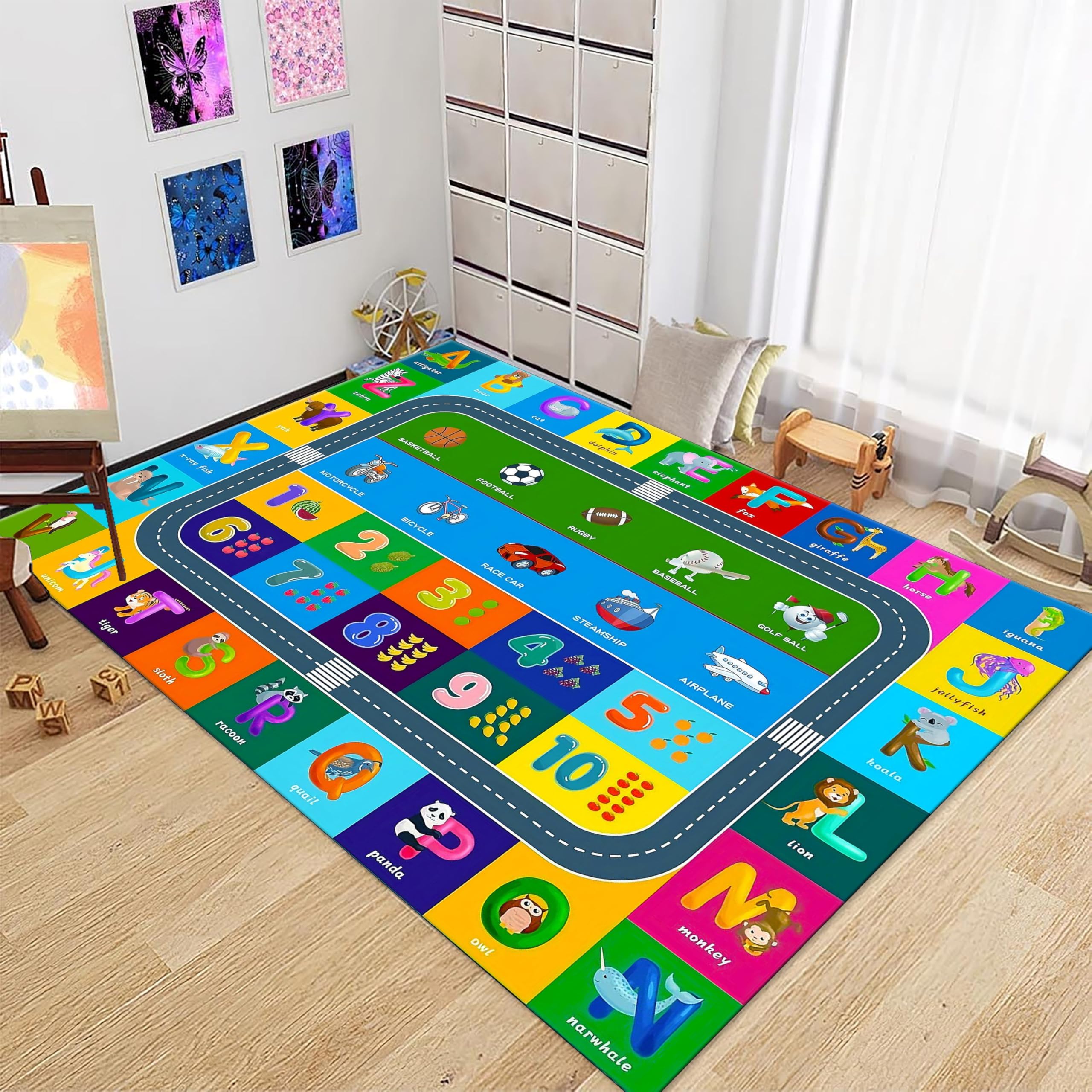 PDENZG Elementary Classroom Colorful Kids Area Rug，180x300cm,Youngsters Baby Play Educational Mat，With Alphabet Numbers Colors Road Traffic Animal Words for Playroom Bedroom Nursery Room Decor