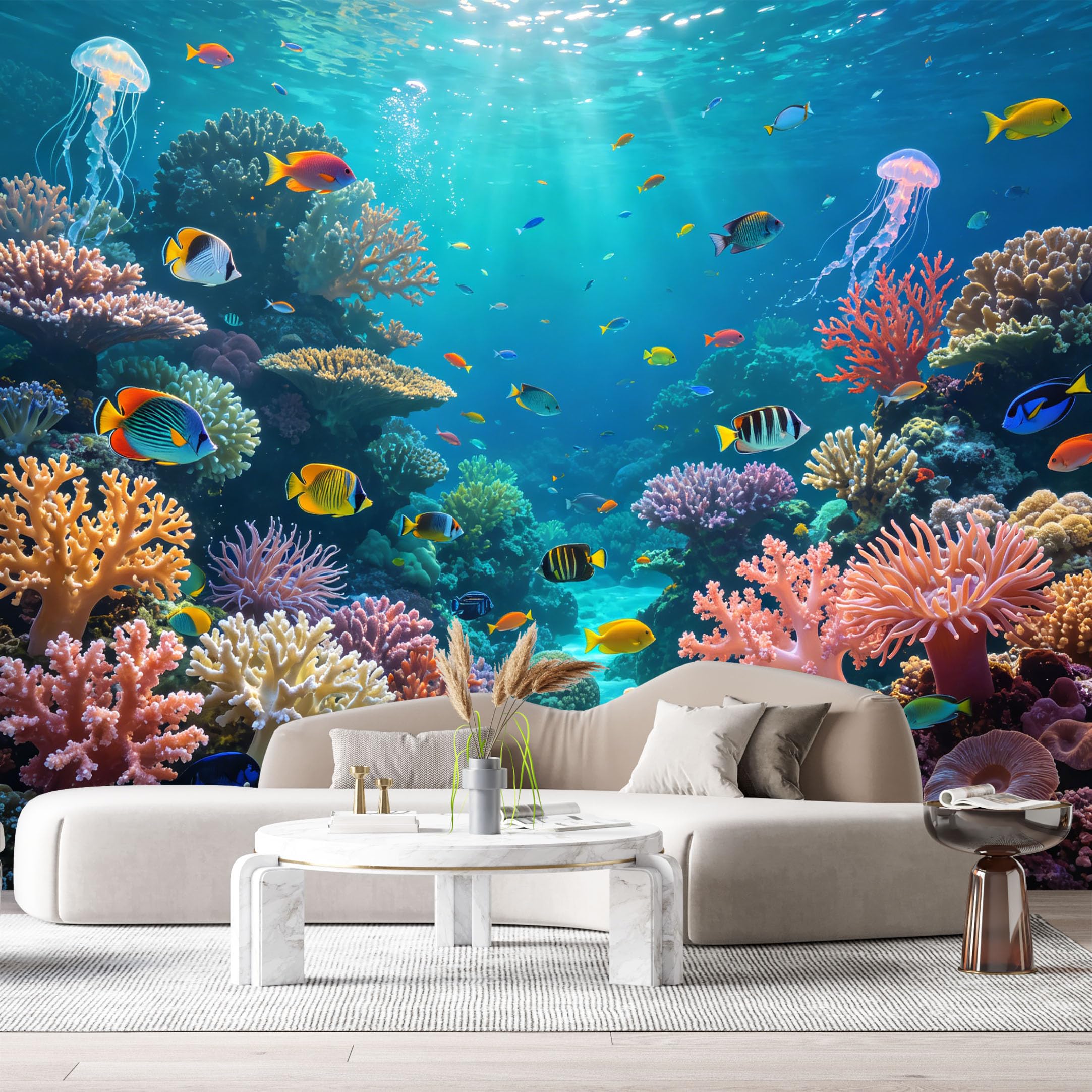 Custom Size Wall Murals Ocean Marine Tropical Coral Reef Colorful Exotic Fish Underwater 3D SelfAdhesiveWall Fabric Removable Wallpaper Wall Decor for Living Room Bedroom Bathroom