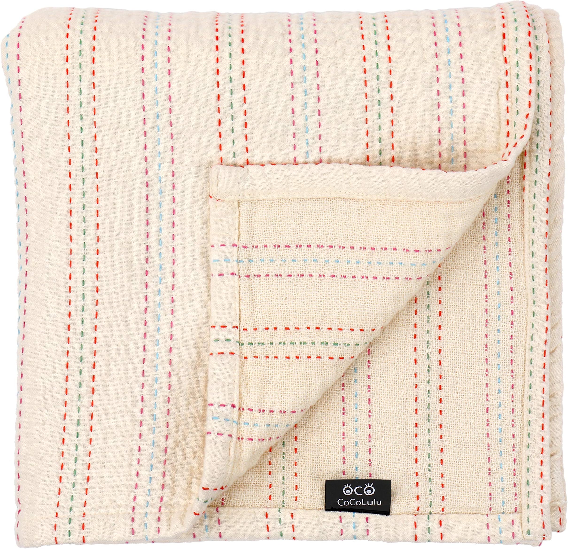 Baby Toddler Different Density 3 Layer 4 Season Cotton Blanket Oversized 51 x 47inch Premium Soft Breathable with Stitch Design - Thick Cozy Cuddle Sheet for Newborn Infant Kids, Best Gift - Rainbow