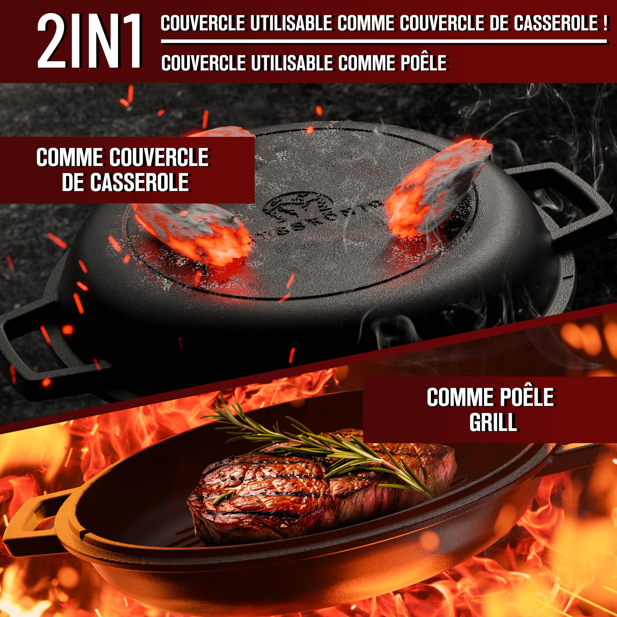 GUSSKÖNIG Dutch Oven 2-en-1 (4,8 L) avec poêle (1,8 L) en matériau robuste – Cocotte Norvégienne avec accessoires et livre de recettes – Idéal BBQ, camping, cuisine.
