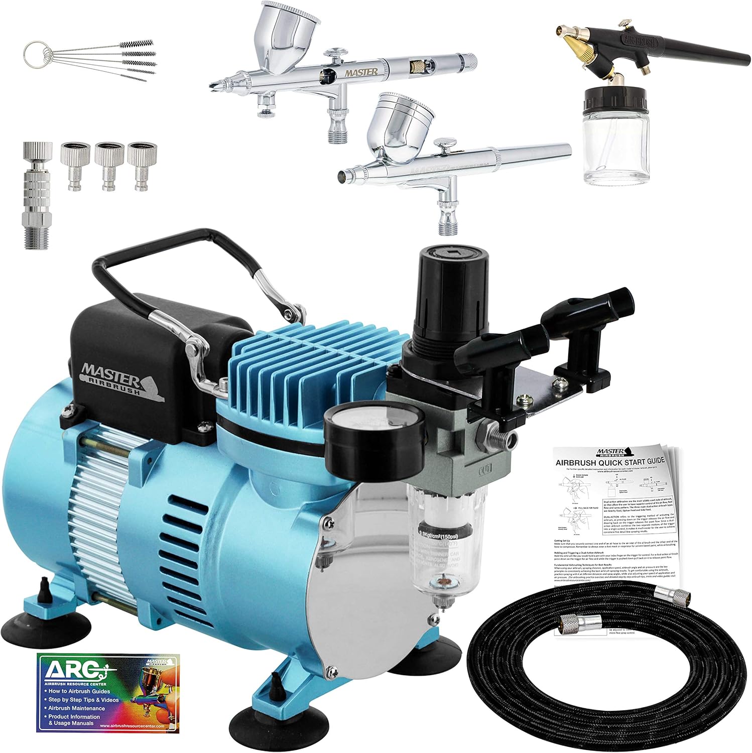 Master Airbrush Cool Runner II Dual Fan Air Compressor Professional Fine Detail Control System Kit with 3 Airbrushes, 0.2, 0.3 mm Gravity and Siphon Feed - Hose Quick Release Set, Holder, How-To Guide