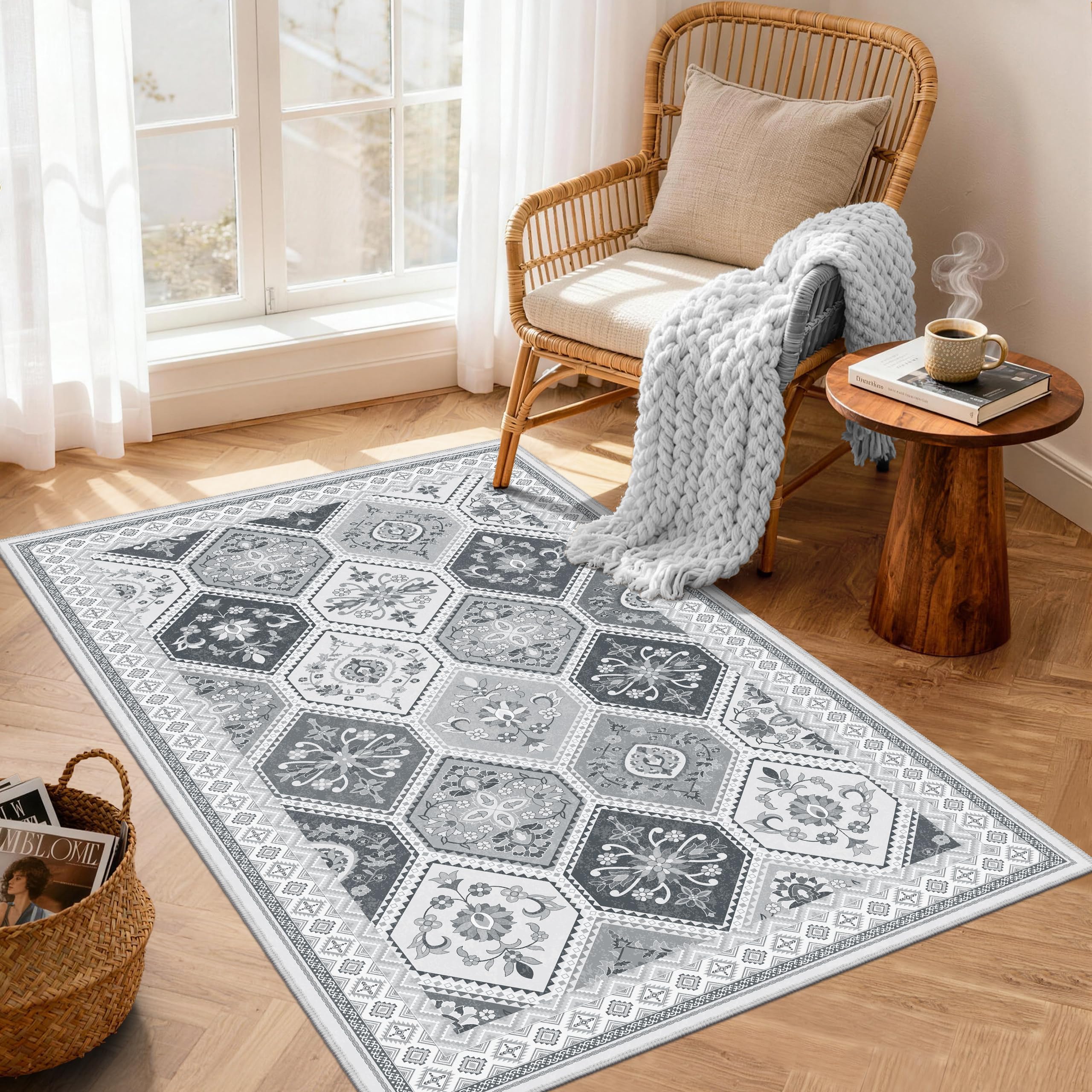 TTelephant 3x5 Washable Rug, Soft Non-Slip Boho Moroccan Rug, Low-Pile Printed Indoor Throw Rugs for Entryway, Kitchen, Bedroom Bedside, Entrance-