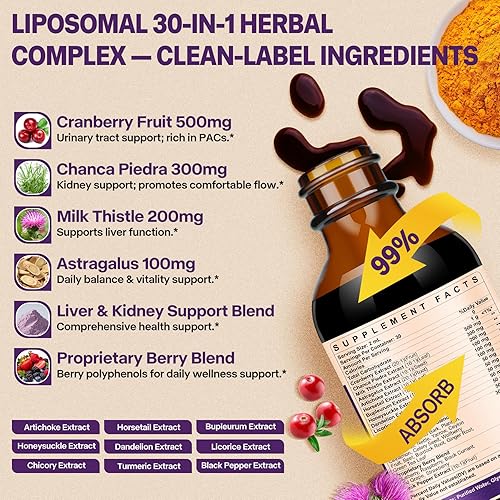 Miniatura 3 de Gotas de desintoxicación y reparación 30 en 1 de limpieza de riñón e hígado con extracto de arándano, cardo mariano y chanca piedra, suplemento