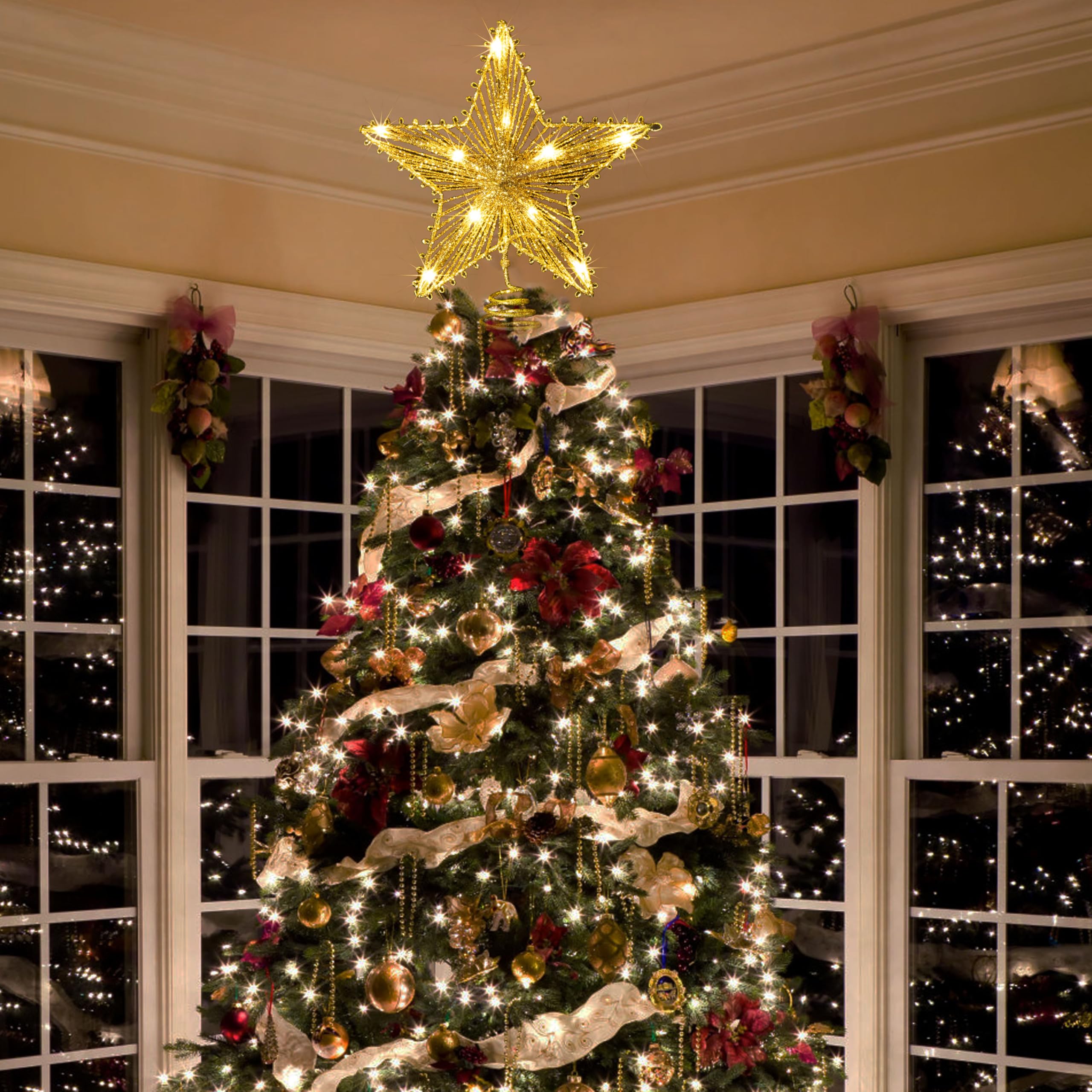 Étoile Sommitale Pour Sapin De Noël - 25x30 Cm, 20 LEDs Blanc Chaud - Structure En Fer Avec Fil PET Scintillant - Alimentation Sur Piles